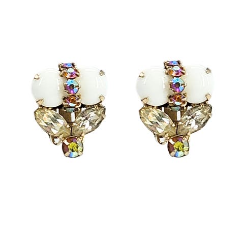 Vintage 1950s Milk Glass Aurora Borealis Flower Earrings