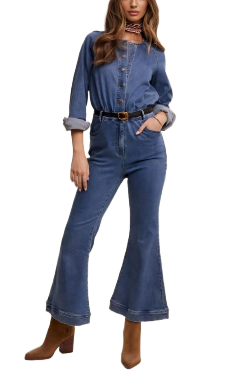 Knit and Lounge Denim Button-Front Flare Jumpsuit, Main, color, 