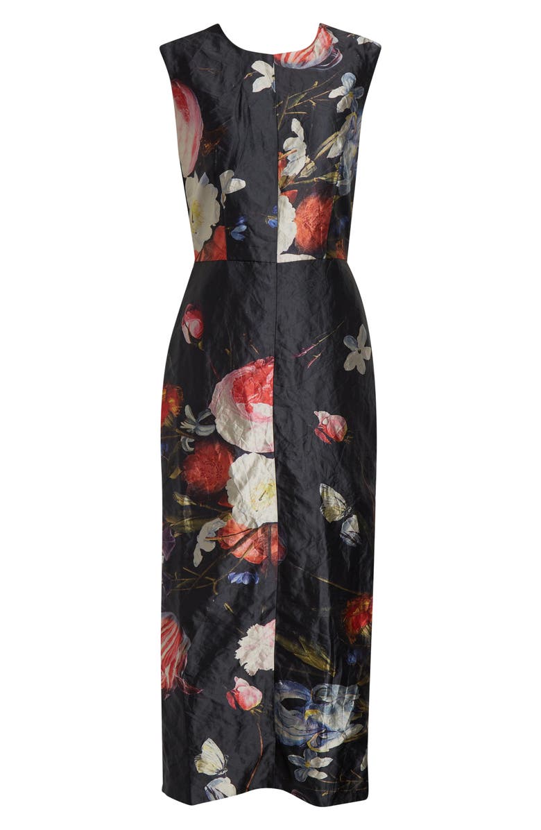 Erdem Floral Painting Crushed Metallic Satin Cocktail Dress, Main, color, Dutch Flower Painting Black
