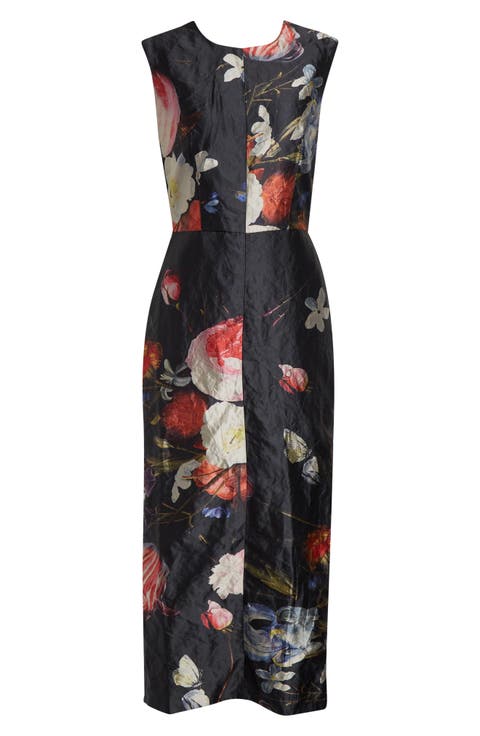 Floral Painting Crushed Metallic Satin Cocktail Dress