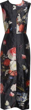 Erdem Floral Painting Crushed Metallic Satin Cocktail Dress