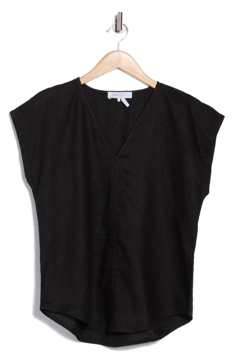 DKNY V-Neck Linen Top, Alternate, color, Black