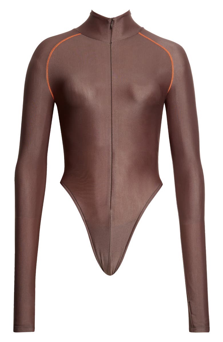 LaQuan Smith Long Sleeve Bodysuit, Main, color, Chocolate/ Orange