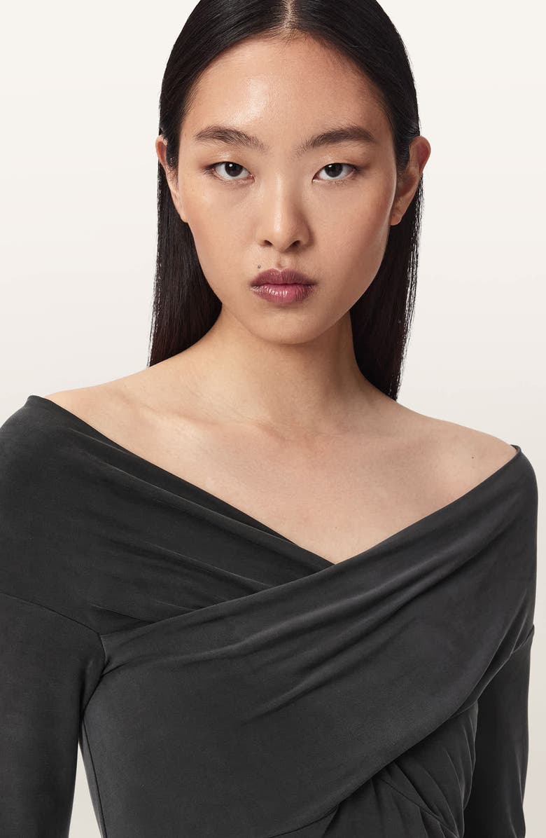 AllSaints Delta Off the Shoulder Long Sleeve Maxi Dress, Alternate, color, Black