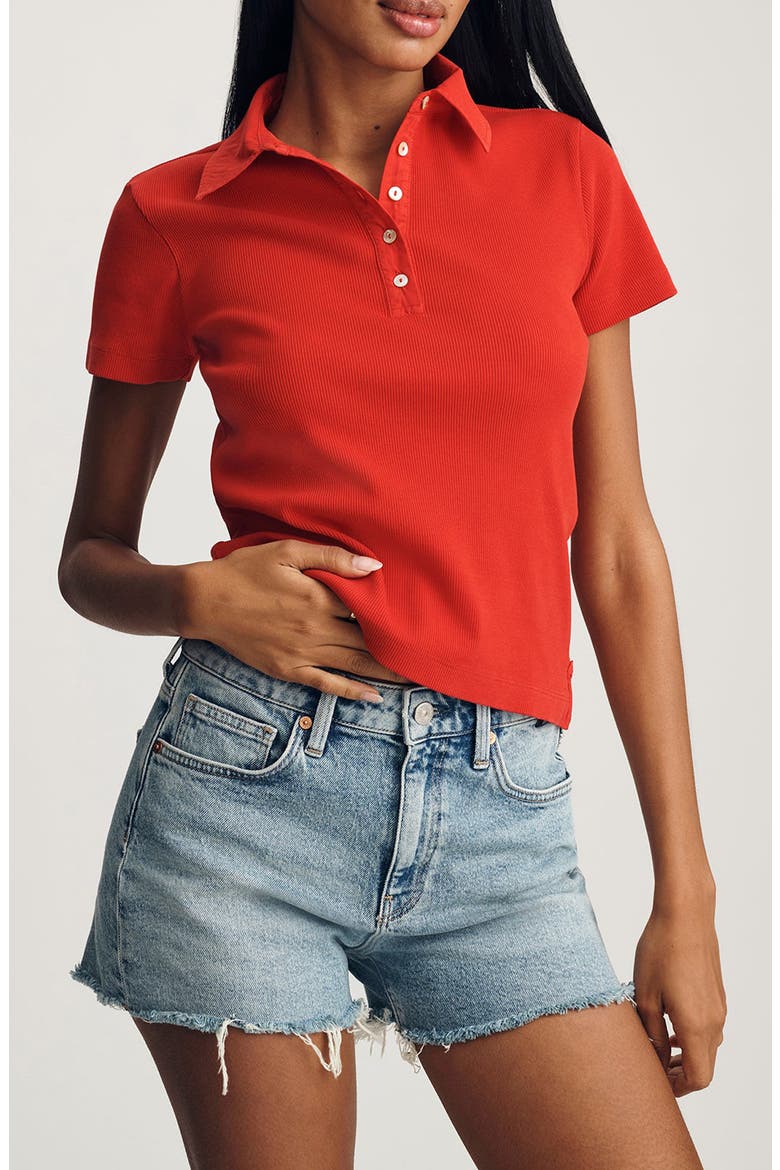 Crop Stretch Cotton Rib Polo T-Shirt, Main, color, RED