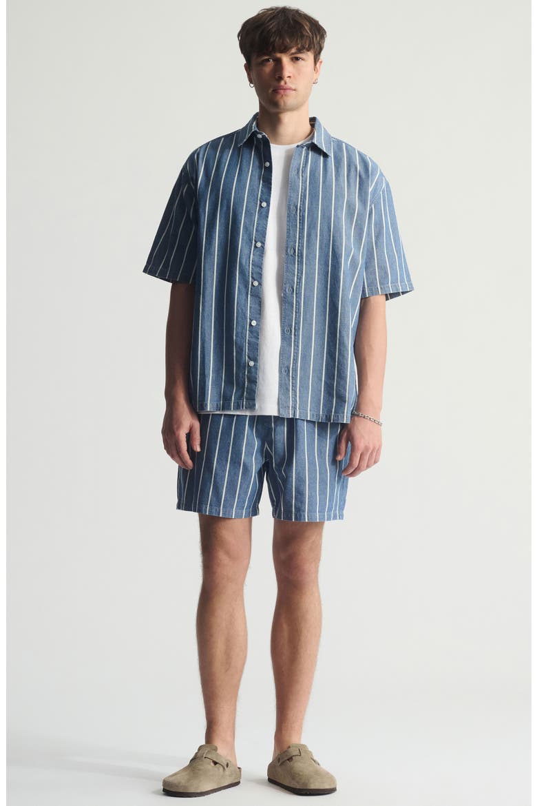 Stripe Short Sleeve Cotton Button-Up Shirt, Alternate, color, BLUE STRIPED