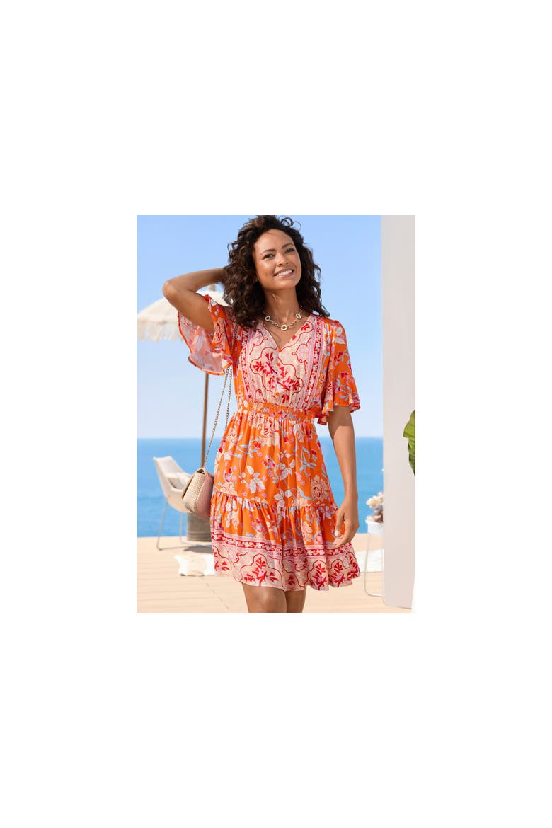 Tiered Short Sleeve Dress, Alternate, color, Orange Multi