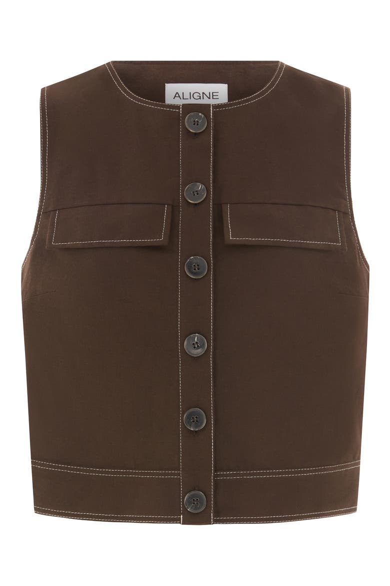 Summer Linen & Organic Cotton Blend Button-Up Crop Top, Alternate, color, CHOCOLATE