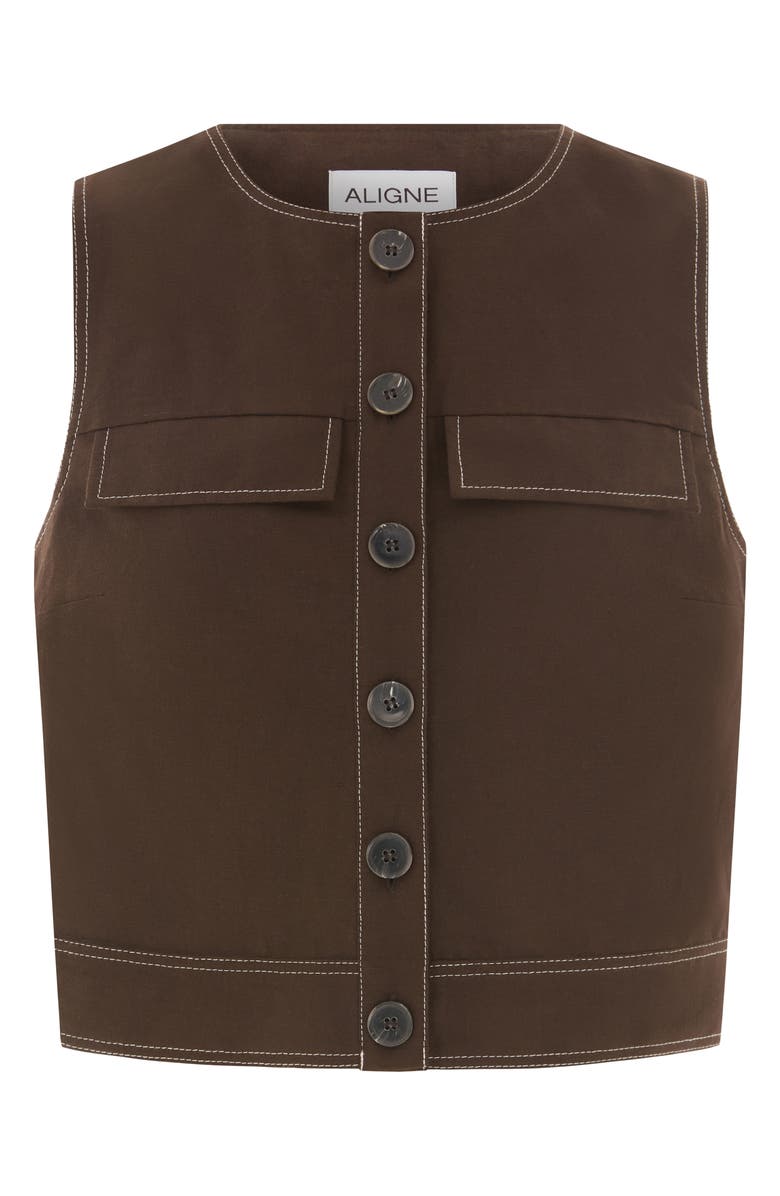 ALIGNE Summer Linen & Organic Cotton Blend Button-Up Crop Top, Alternate, color, Chocolate