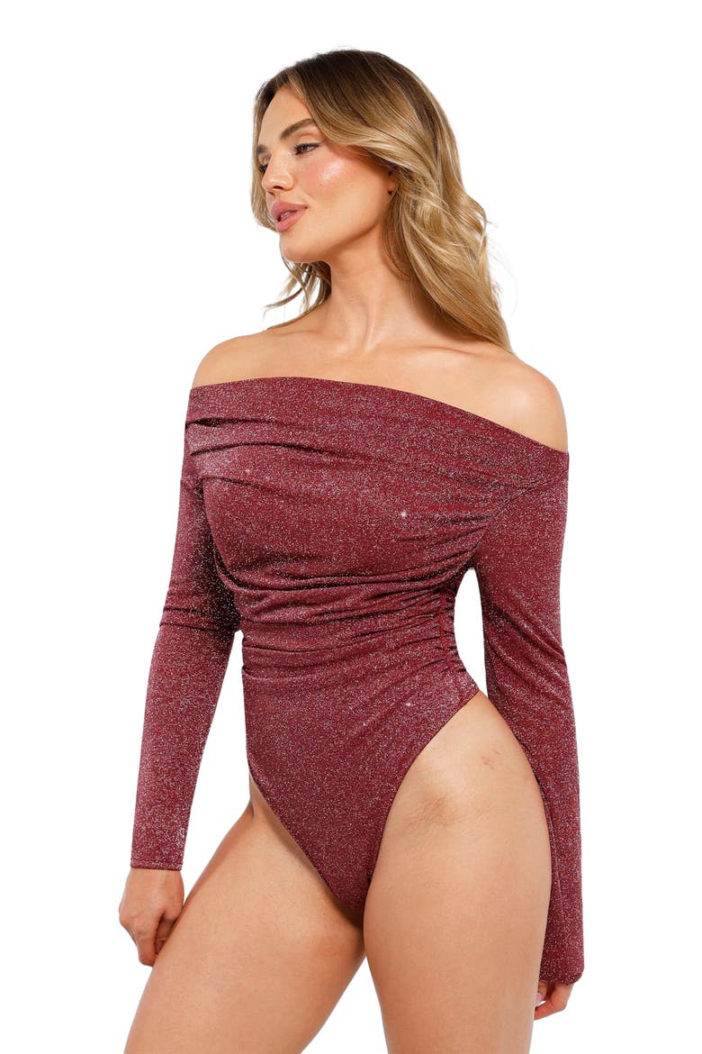 Shapewear Metallic Knit Long Sleeve Slimming Bodysuit, Alternate, color, RUBY