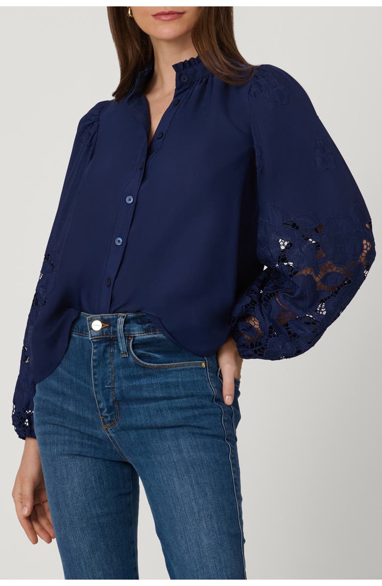 Shoshanna Eyelet Crepe de Chine Ingrid Top, Main, color, Navy