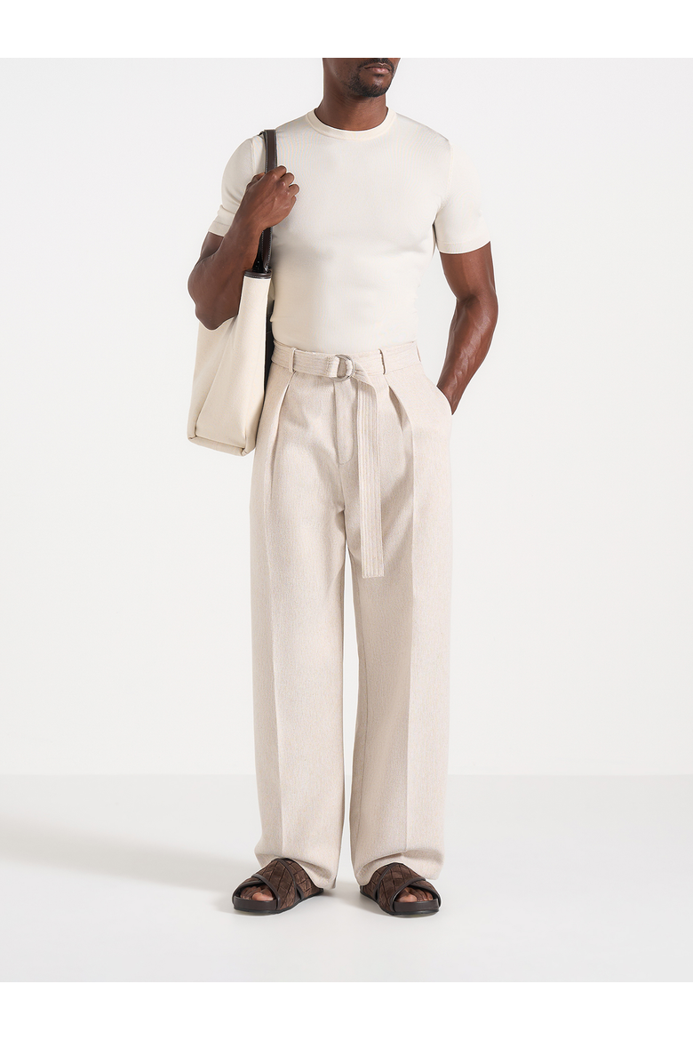 Loic Wide Leg Textured Trousers with Belt, Alternate, color, Cream