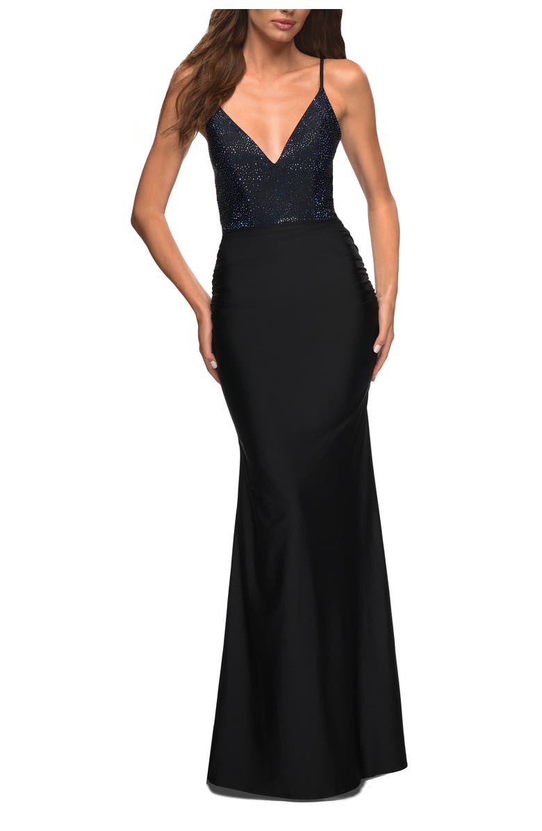 La Femme Jersey Dress with Rhinestone Beaded Top and V Neck, Alternate, color, Black