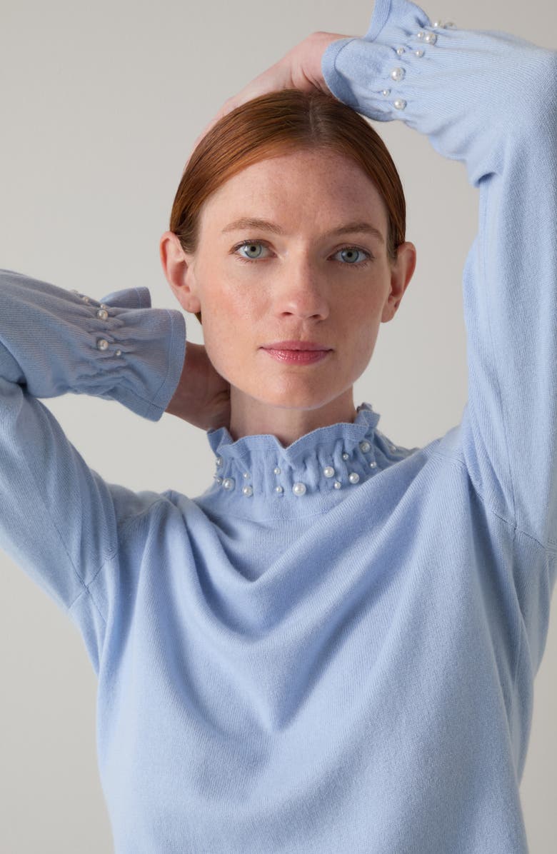 LK Bennett Vera Faux Pearl Accent Ruffle Sweater, Alternate, color, Blue Multi