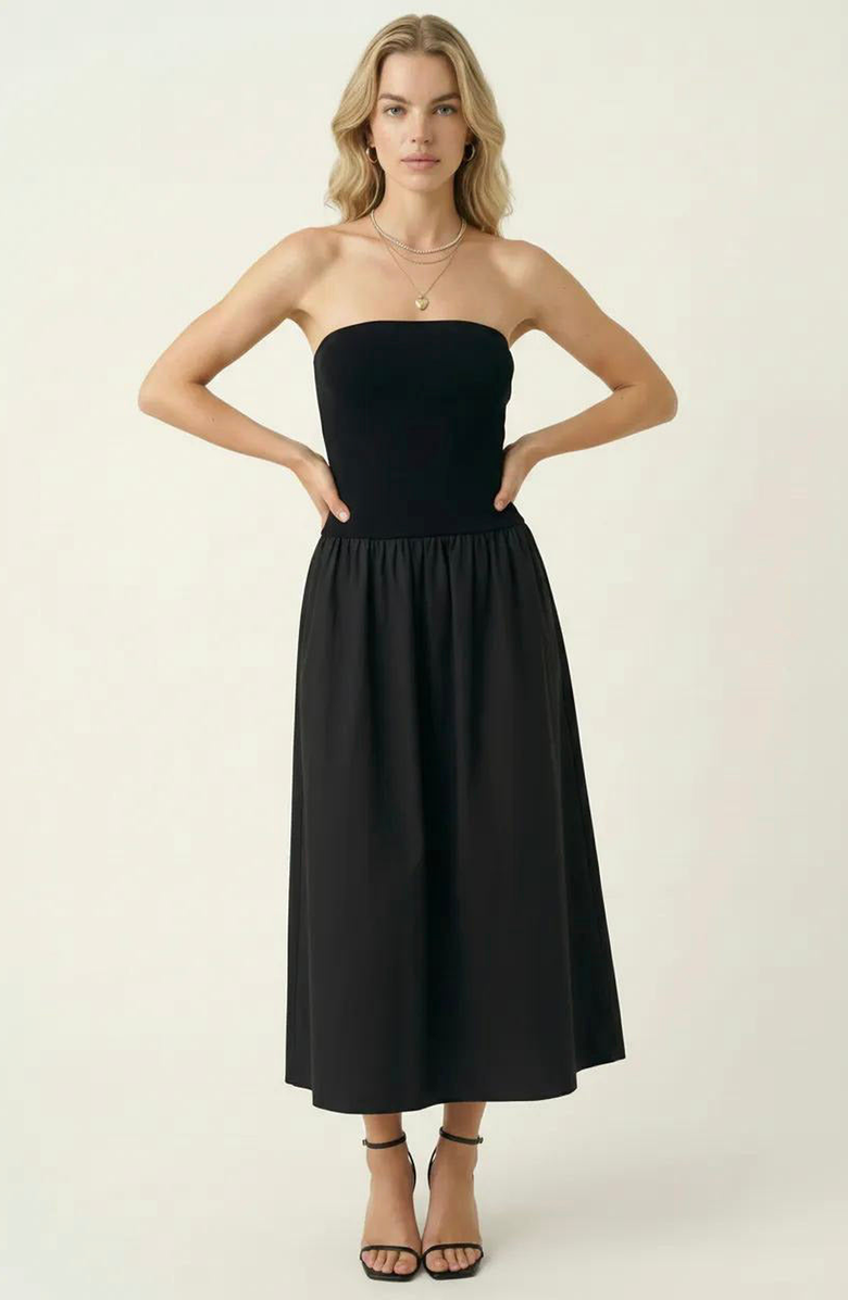 Modenaire Strapless Smocked Bodice Midi Dress with Flowy Skirt and Pockets, Alternate, color, Black