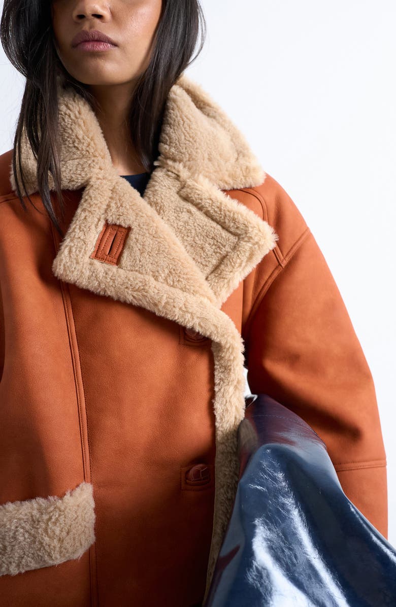 Topshop Faux Shearling Oversize Car Coat, Alternate, color, Tan Multi