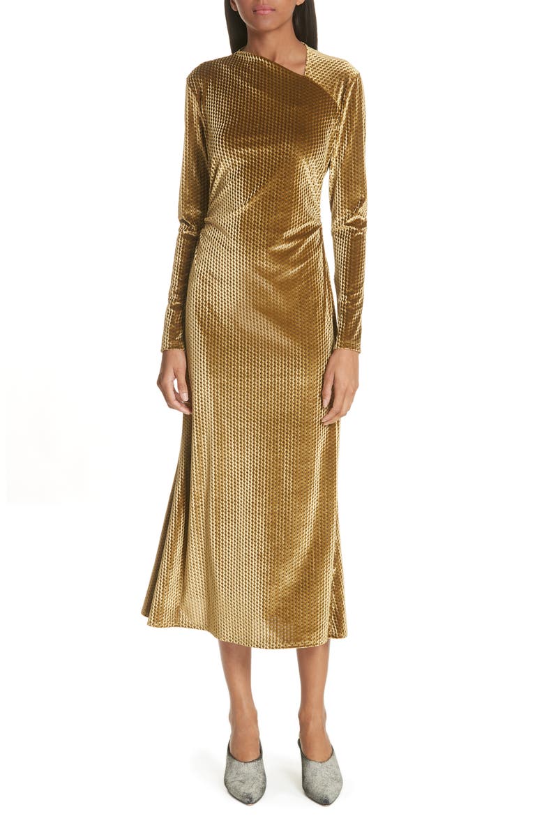 Ruched Velvet Jacquard Midi Dress, Main, color, GOLD