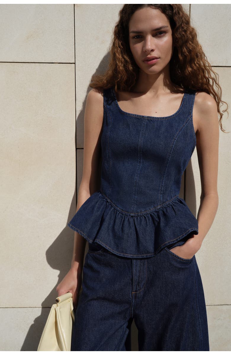 H&M Denim Peplum Top, Alternate, color, Dark Denim Blue