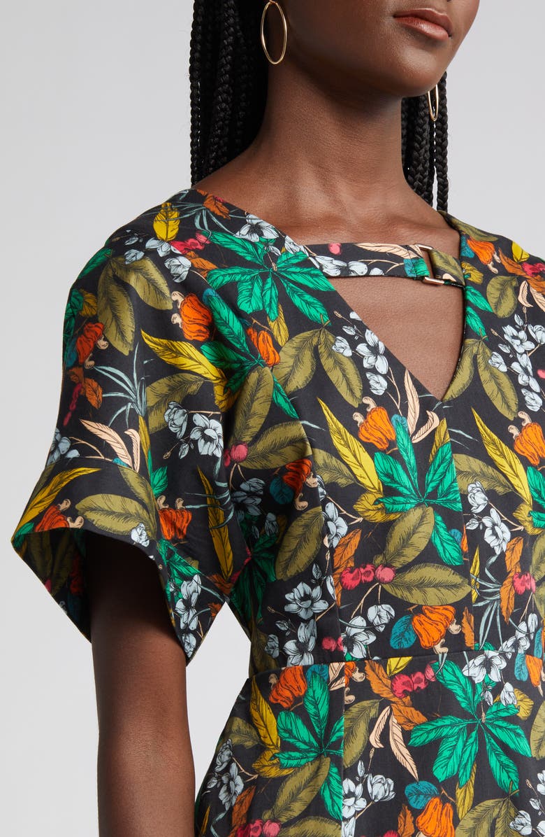 Du Paradis Floral Asymmetric Hem Dress, Alternate, color, Midnight Forest