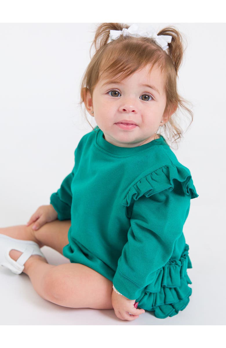 RuffleButts Baby Girls Sweatshirt Bubble Romper, Alternate, color, Emerald Green