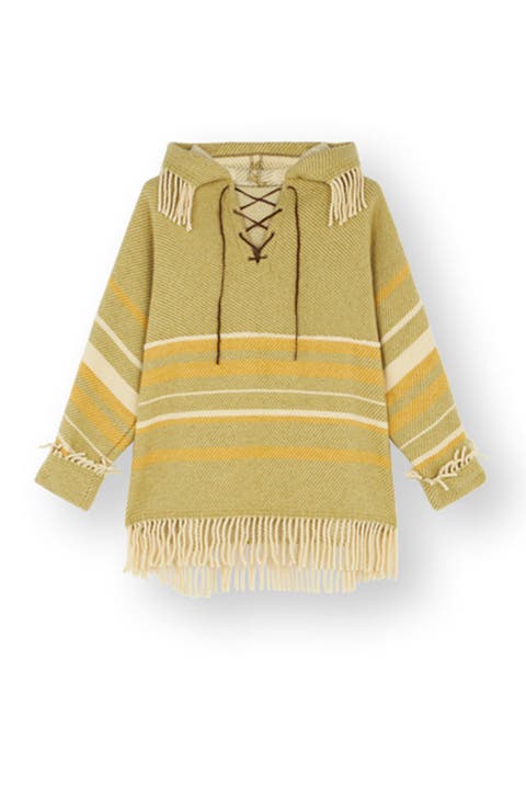 Woven Striped Hooded Poncho