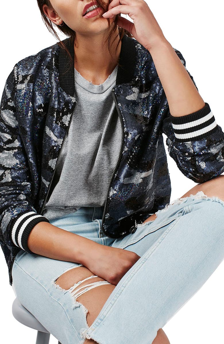 Topshop Camo Sequin Bomber Jacket, Main, color,