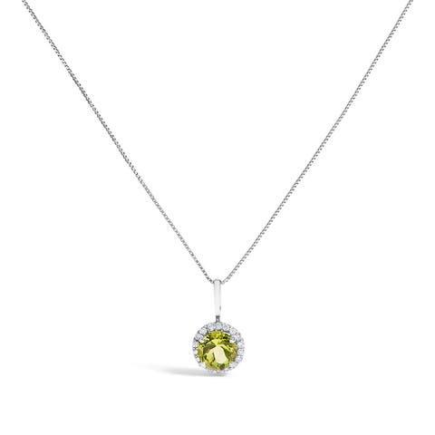 10K Gold Gemstone and 1/10 Cttw Diamond Accent Halo Pendant Necklace