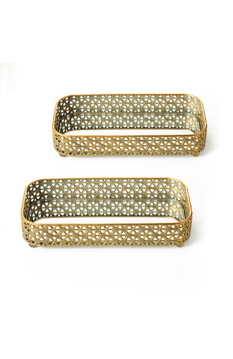 Set of 2 Rectangle Metal Gold Mirrored Decorative Trays