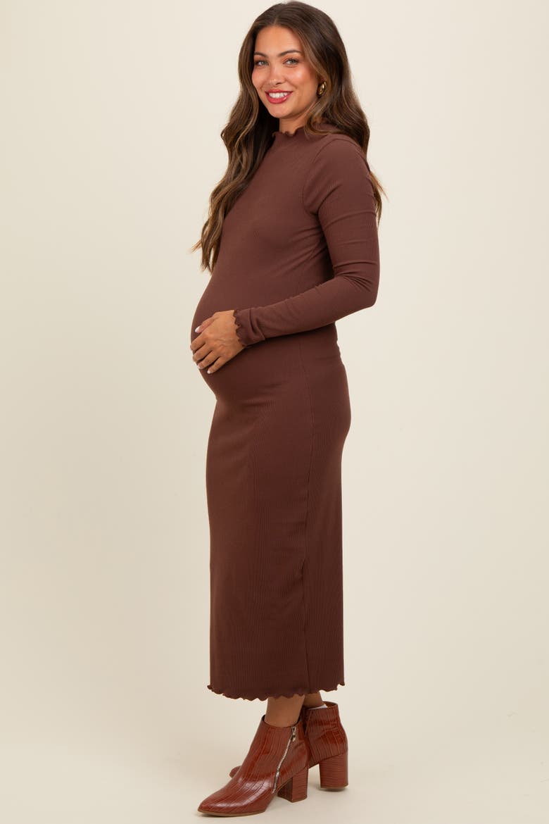 Ruffle Mock Neck Long Sleeve Midi Dress, Alternate, color, Brown