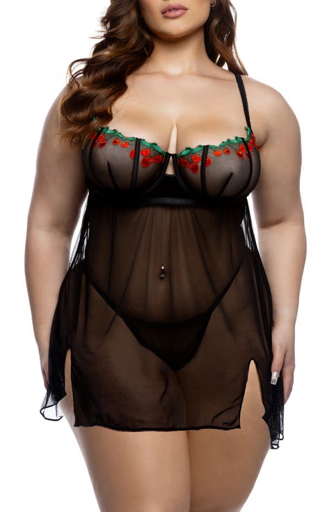 Cherry Delight Embroidered Mesh Babydoll & G-String Set (Plus)