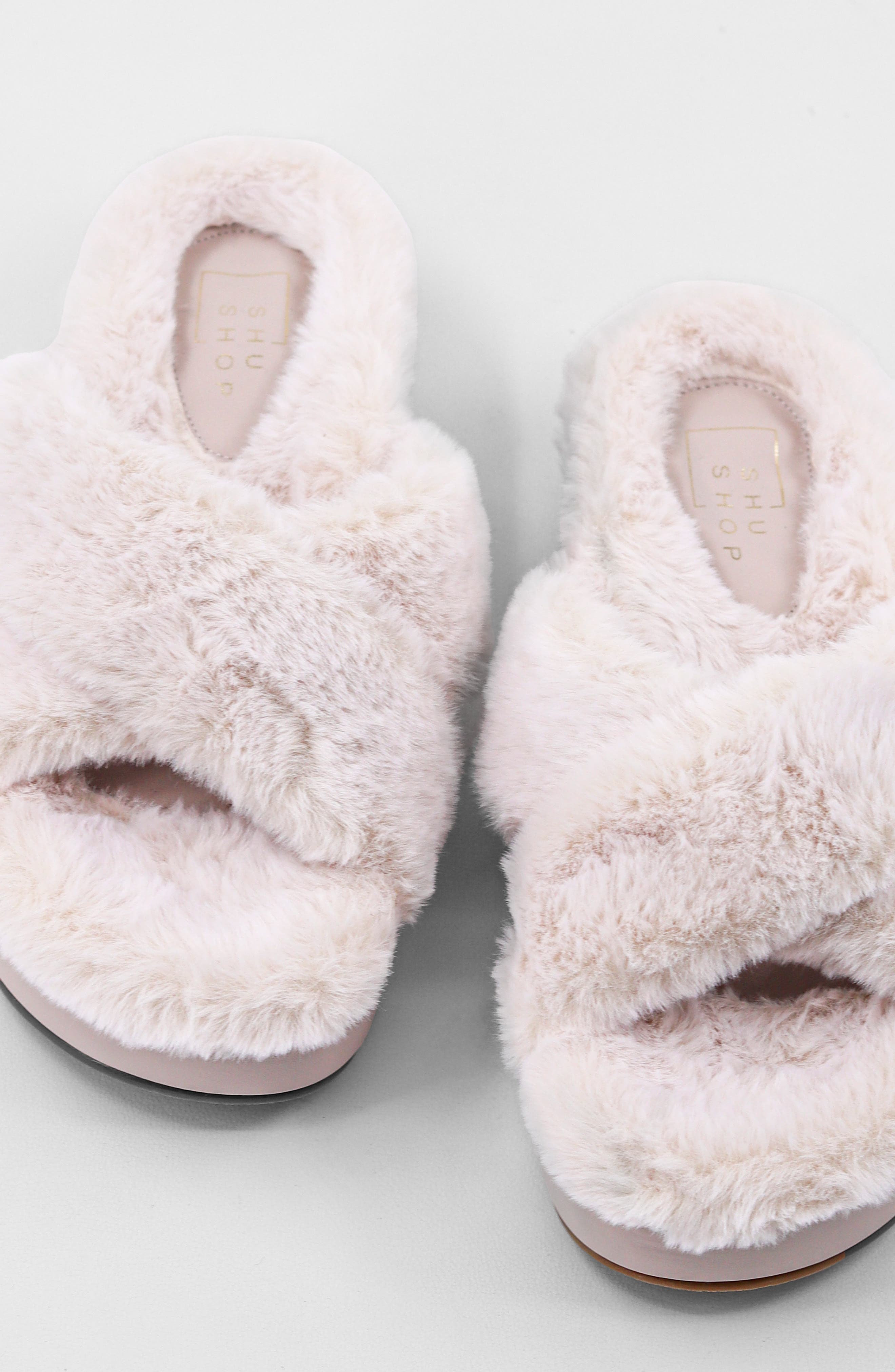 SHUSHOP Juliet Faux Fur Slide Sandal, Alternate, color, Off White