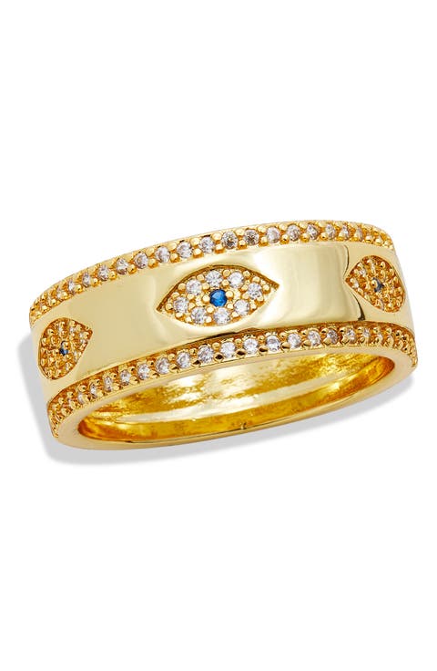 18K Yellow Gold Plated CZ Evil Eye Band Ring