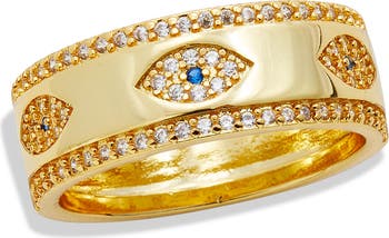 18K Yellow Gold Plated CZ Evil Eye Band Ring