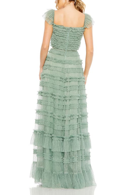 Mac Duggal Velvet Waist Ruffled Mesh Gown In Green