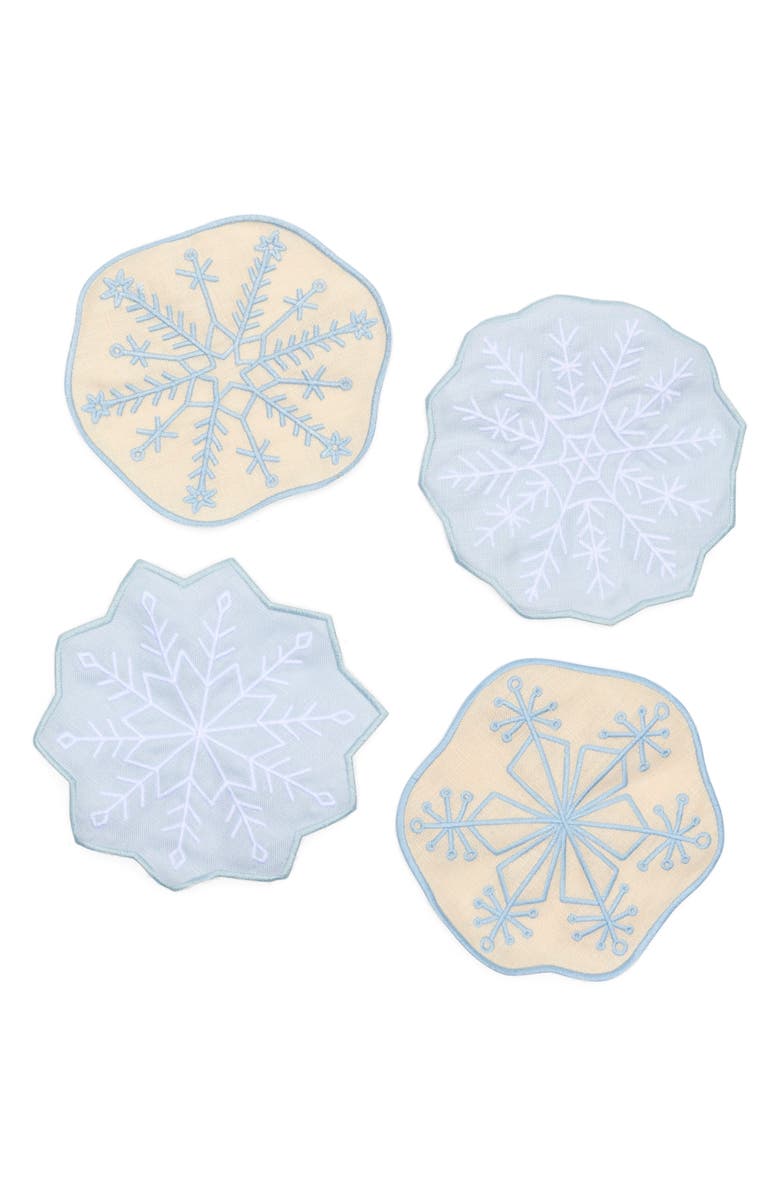 PIECEWORK PUZZLES Assorted Set of 4 Snowflakes Linen Cocktail Napkins, Main, color, Light Green/ Yellow Multi