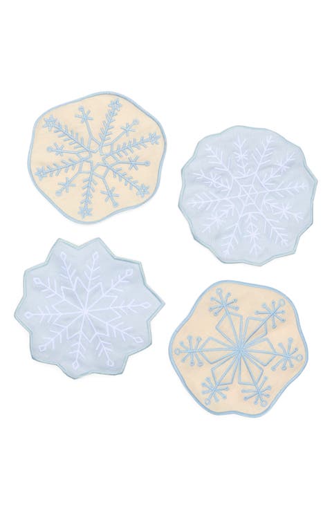 Assorted Set of 4 Snowflakes Linen Cocktail Napkins