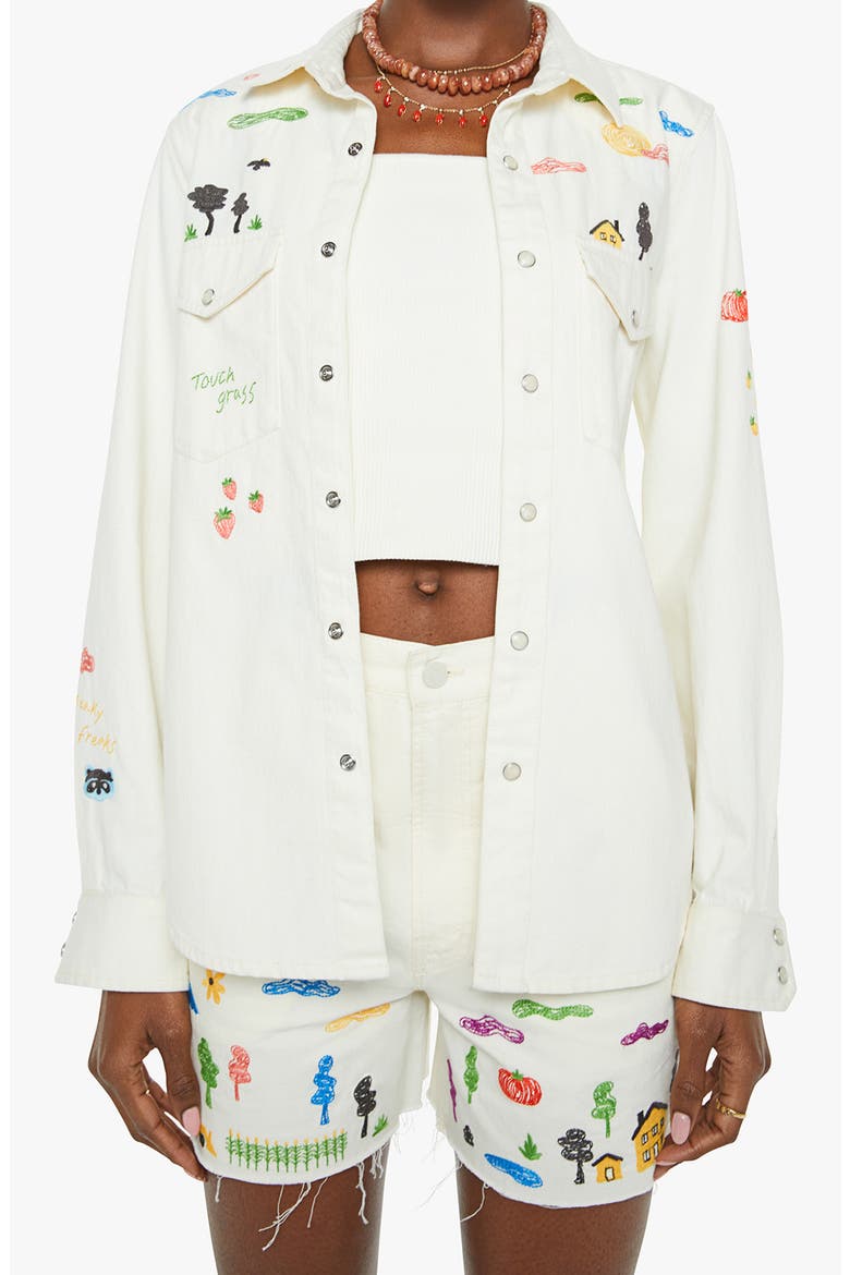 The All My Exes Embroidered Denim Shirt, Main, color, NO RAINBOWS WITHOUT RAIN