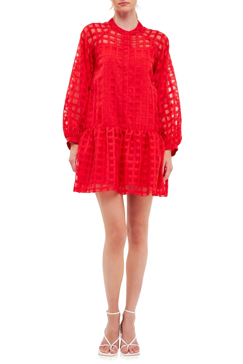Check Long Sleeve Organza Dress, Main, color, RED