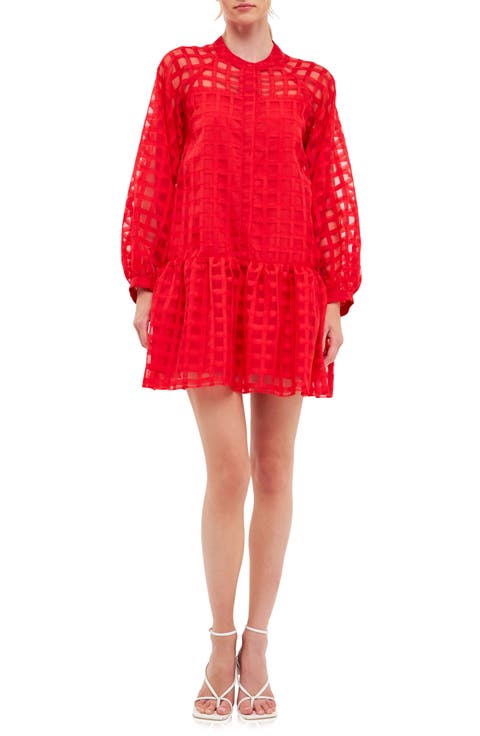 Check Long Sleeve Organza Dress