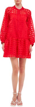 English Factory Check Long Sleeve Organza Dress