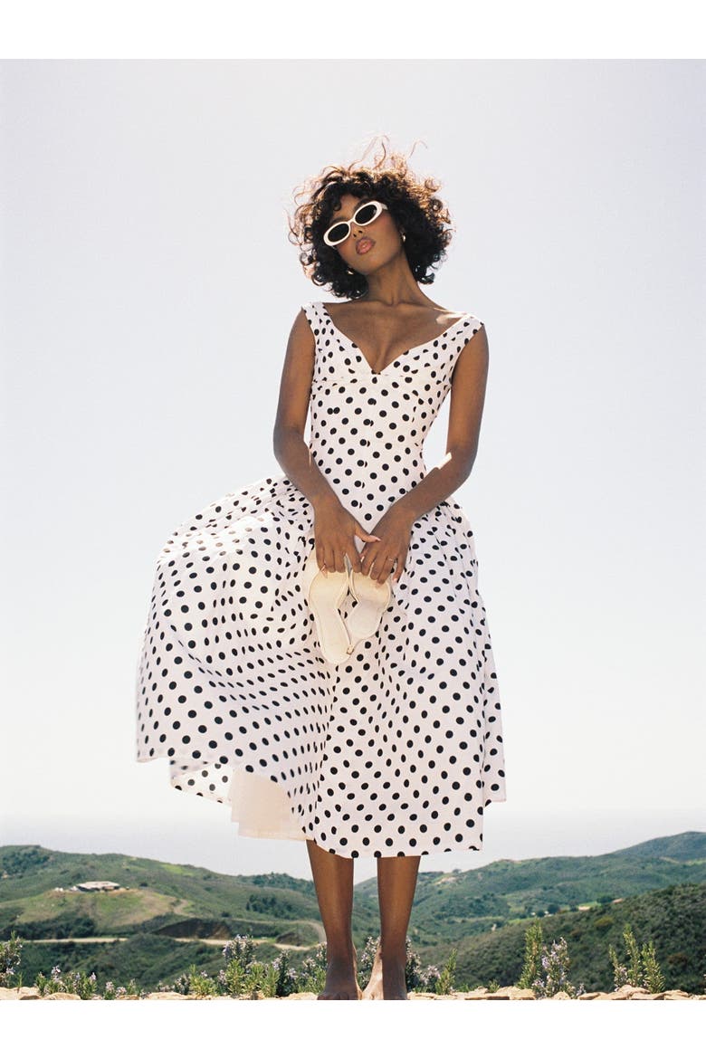 Rahma Polka Dot Drop Waist Midi Cotton Poplin Dress, Alternate, color, White with polka dot print