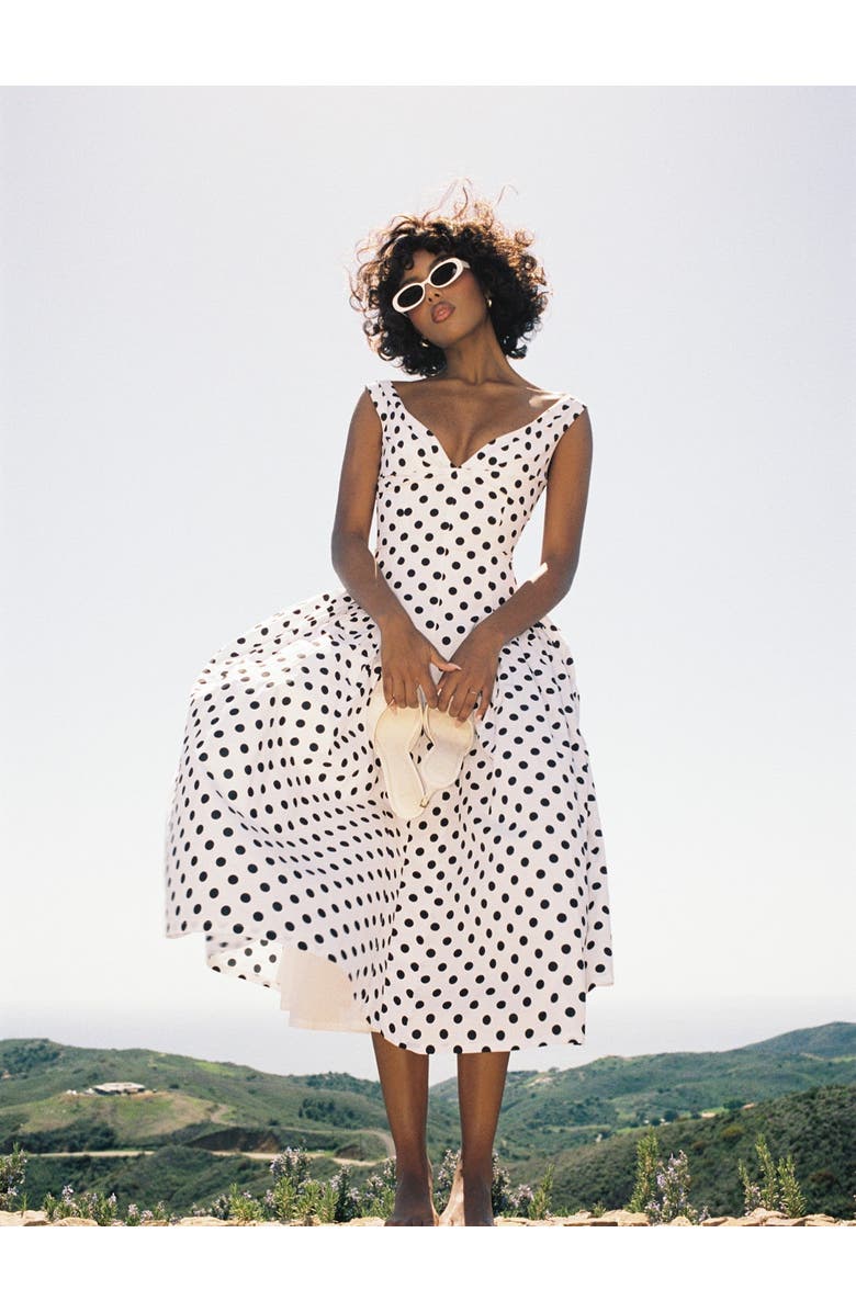 Miss Circle Rahma Polka Dot Drop Waist Midi Cotton Poplin Dress, Alternate, color, White With Polka Dot Print
