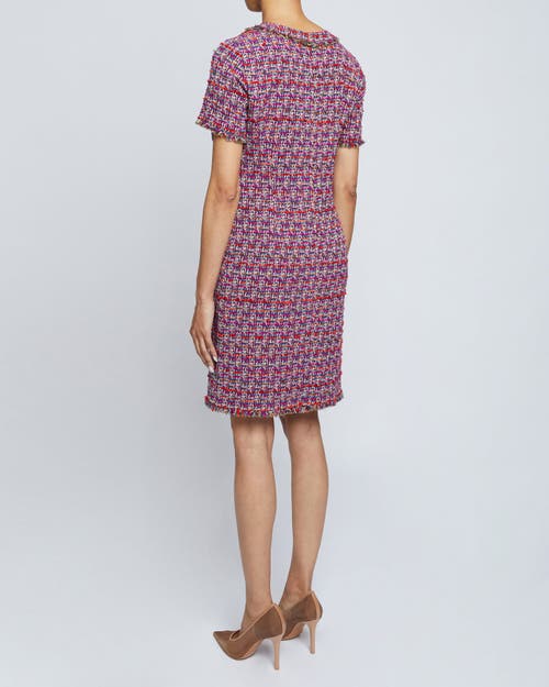 Santorelli Fringe Trim Tweed Shift Dress In Magenta Multi