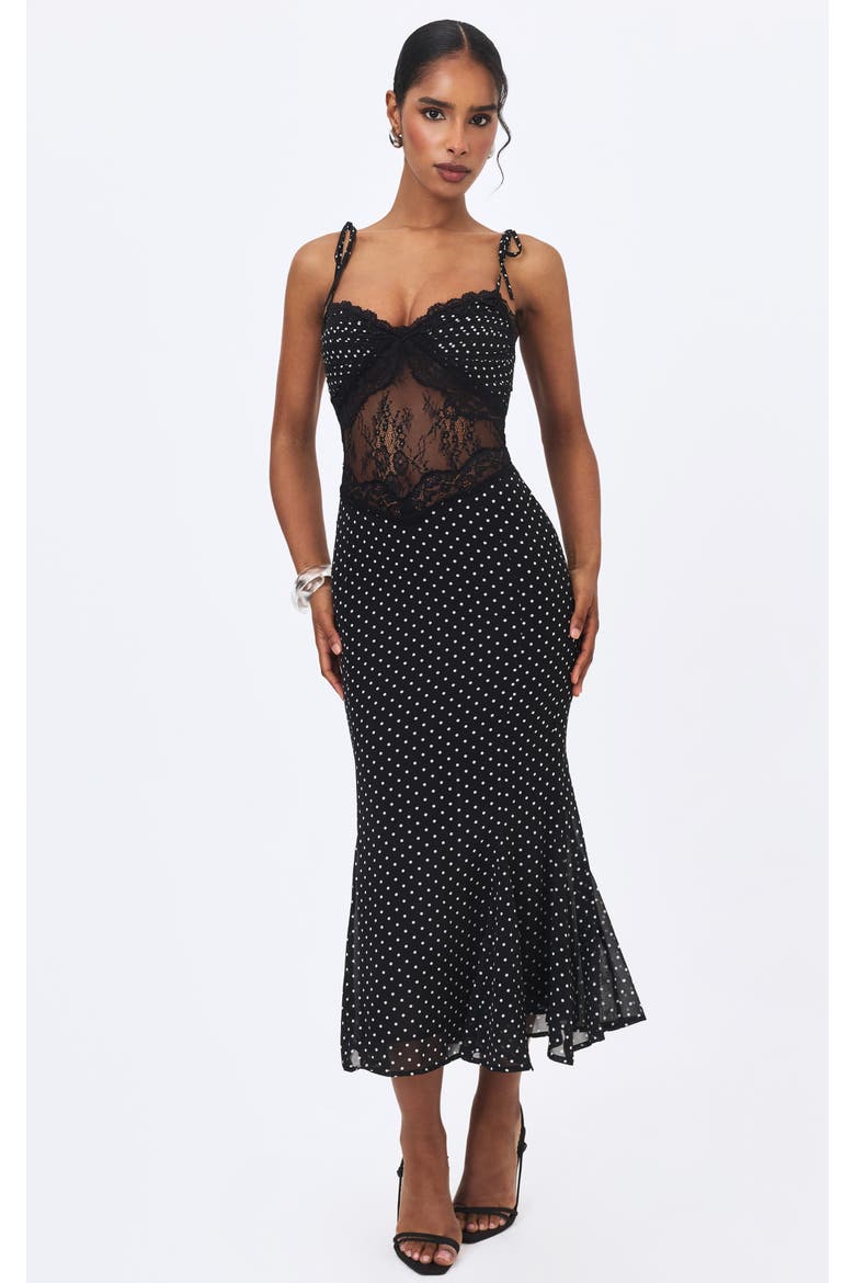 Zehra Chiffon Lace Cutout Mermaid Midi Dress, Main, color, Black