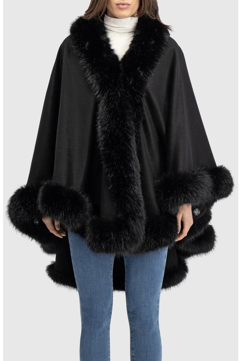 Cashmere & Wool Blend Cape With Fur-Free Fox (Faux Fur) Trim, Alternate, color, BLACK