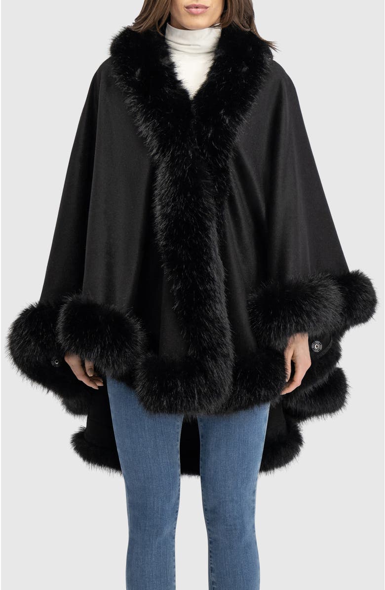 Lyla Grant Cashmere & Wool Blend Cape With Fur-Free Fox (Faux Fur) Trim, Alternate, color, Black