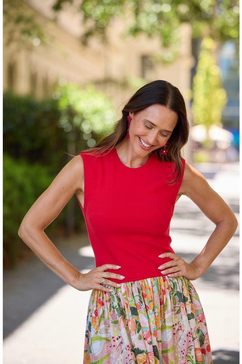 Daphne Floral Mixed Media Midi Dress, Alternate, color, ZOES GARDEN W RED