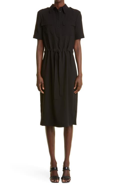 Drawstring Waist Crepe Midi Shirtdress