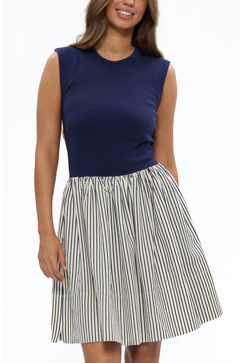 Daphne Mixed Media Drop Waist Dress, Alternate, color, OFF WHITE / NAVY STRIPE