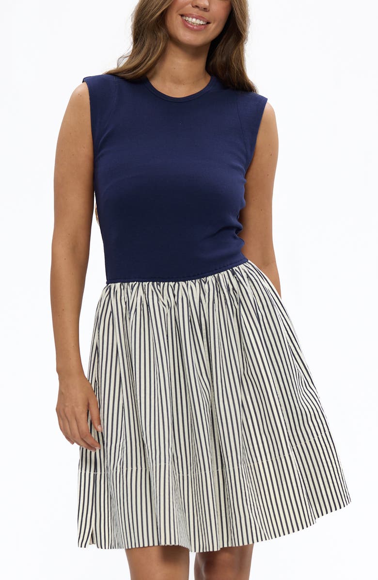 Brave+True Daphne Mixed Media Drop Waist Dress, Alternate, color, Off White / Navy Stripe